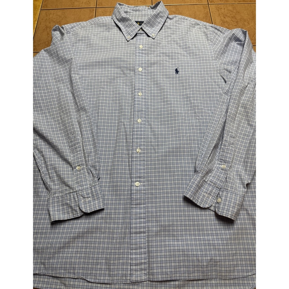 Polo Ralph Lauren Men's Blue Plaid Dress Button Front Shirt Sz 18 46 Pony Logo - Picture 1 of 7